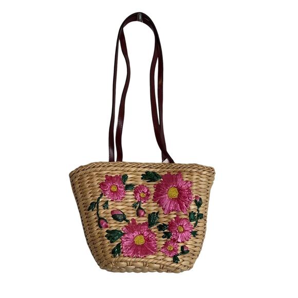 Woven Straw Purse Shoulder Bag Purse Embroidered Pink Flowers 10x7x5 in New - Picture 1 of 8